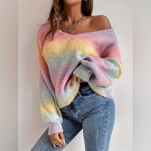 NEW-Rainbow V Neck Pullover Sweater - Picture 3 of 4